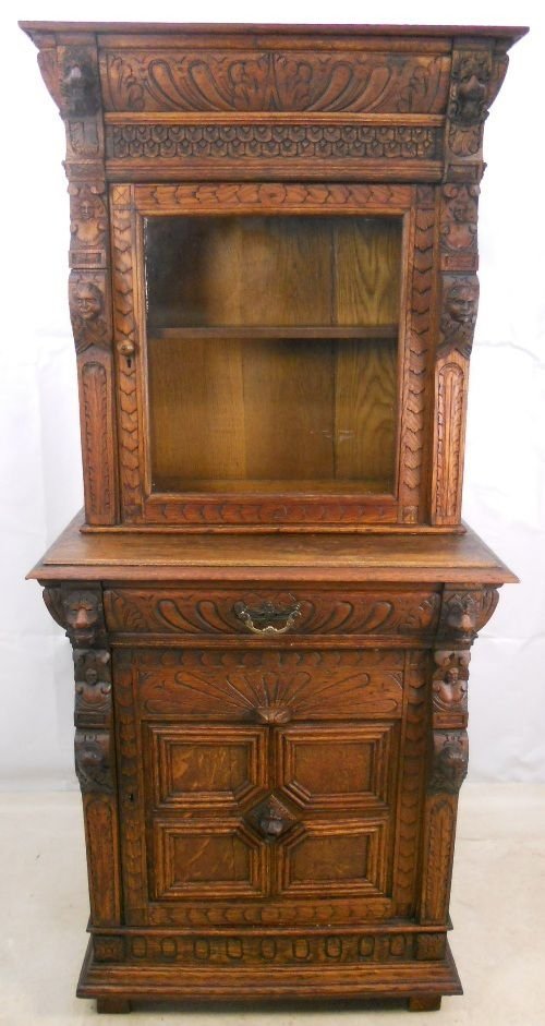 Victorian Heavily Carved Oak Bookcase Cabinet