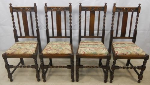 Set of Four Carved Oak Barley Twist Dining Chairs