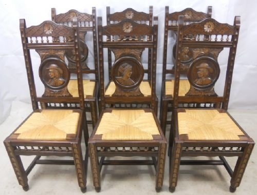 Set of Six Carved Oak Dining Chairs