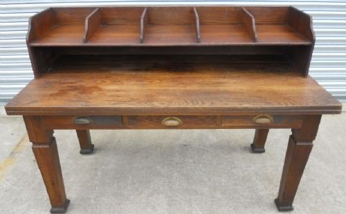 Heavy Oak Writing Table with Storage Shelf Back