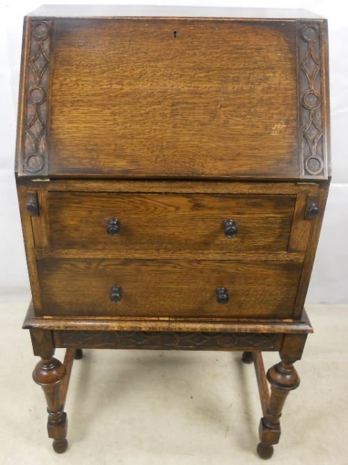 Small Oak Bureau with Carved Decoration