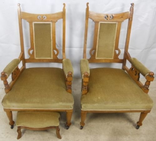 Pair Arts & Craft Period Oak Drawing Room Armchairs