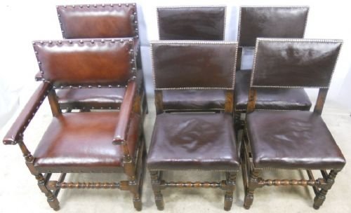 Set of Six Antique Cromwellian Style Studded Back Dining Chairs