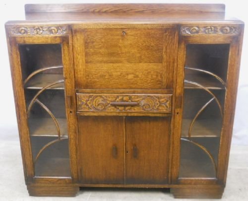 Carved Oak Bureau Bookcase Cabinet