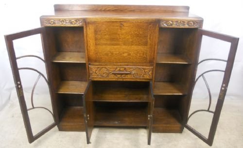 fig 1. Carved Oak Bureau Bookcase Cabinet