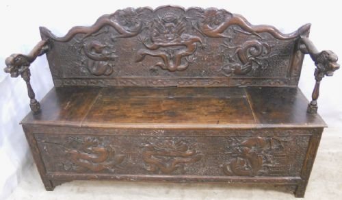 Oak Hall Settle with Oriental Style Carving