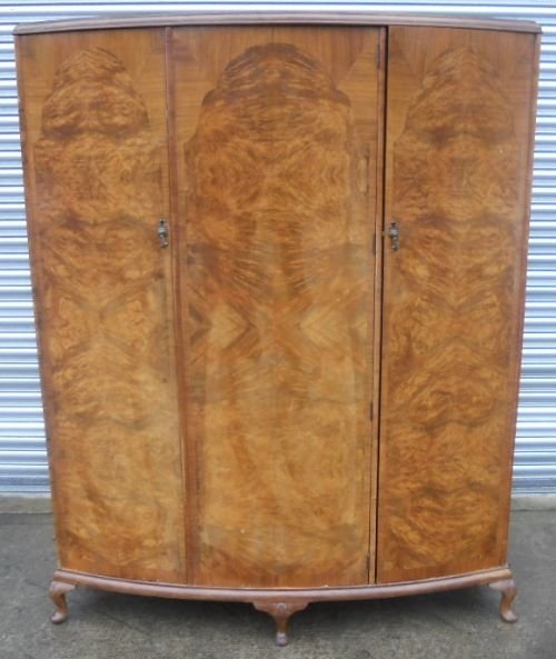 Burr Walnut Triple Door Bow Front Wardrobe