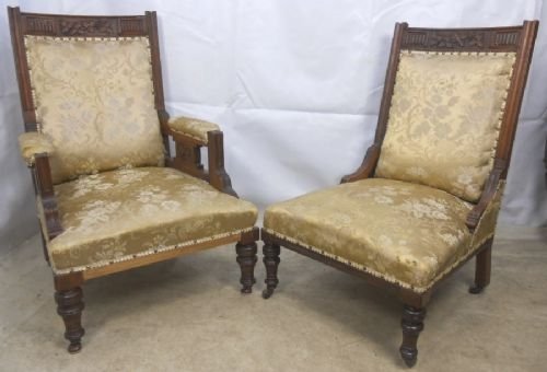 Pair Edwardian Mahogany Ladies and Gents Salon Chairs