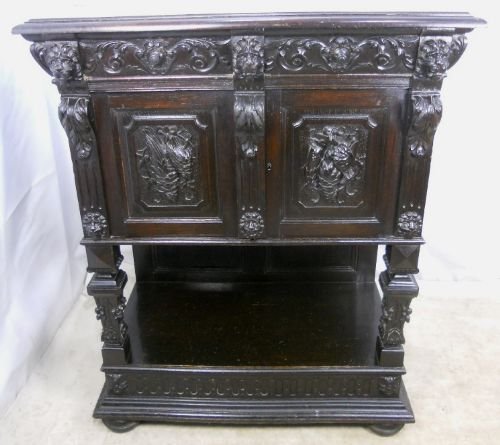Victorian Dark Oak Carved Oak Cupboard Cabinet