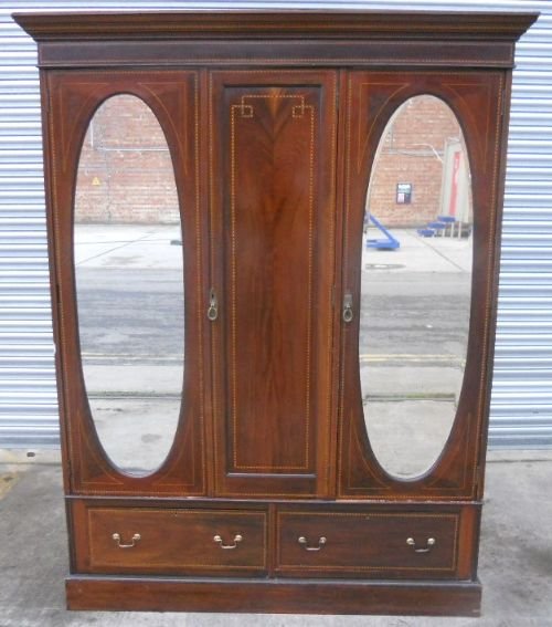 Edwardian Inlaid Mahogany Three Door Hanging Wardrobe