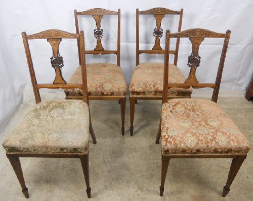 Set of Four Edwardian Inlaid Walnut Salon Chairs