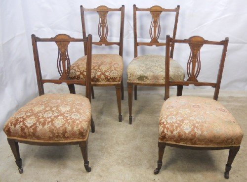 Four Matching Edwardian Inlaid Walnut Salon Chairs