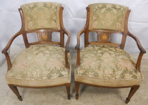 Pair Edwardian Inlaid Walnut Tub Armchairs