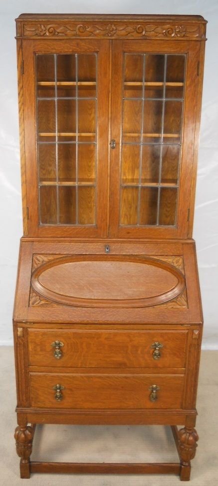 Carved Light Oak Bureau Bookcase Cabinet