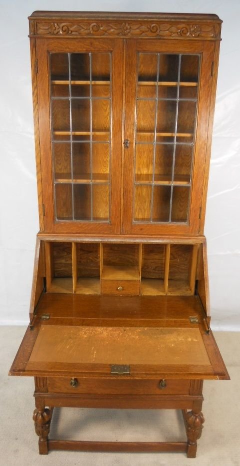 fig 1. Carved Light Oak Bureau Bookcase Cabinet
