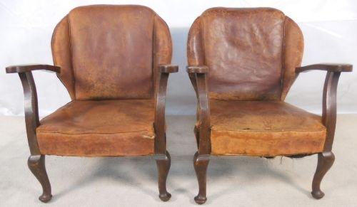 Pair Old Leather Wingback Armchairs
