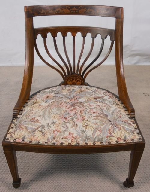 Edwardian Inlaid Mahogany Nursing Chair with Inlaid Swan Motif's and Liily Stem Back