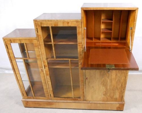 Deco Walnut Bureau Bookcase Cabinet