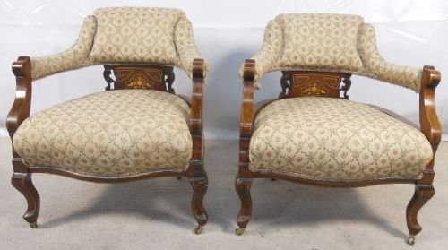 Pair of Edwardian Inlaid Mahogany Salon Tub Armchairs