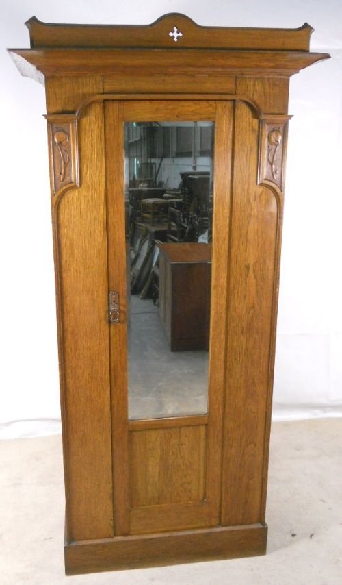 Arts & Craft Period Oak Mirror Front Single Wardrobe