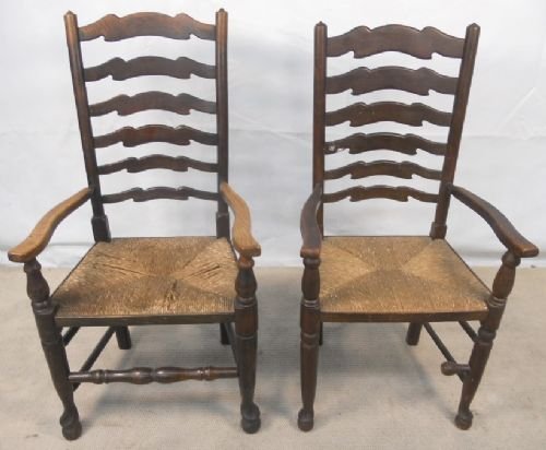 Two Elm Ladderback Rush Seat Carver Armchairs
