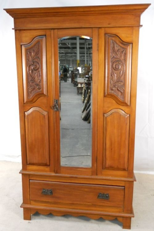 Edwardian Carved Satin Walnut Single Hanging Wardrobe