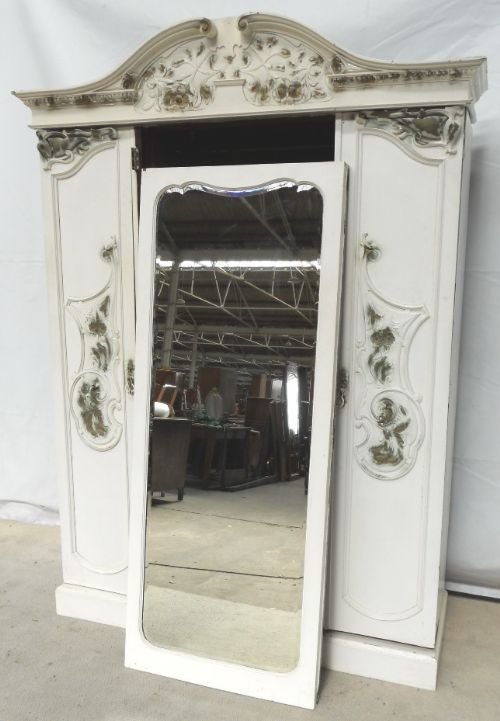 Edwardian Triple Door Carved Painted Mahogany Wardrobe