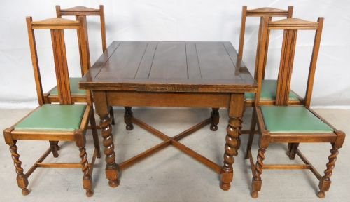 Barley Twist Oak Drawleaf Dining Table and Four Oak Highback Dining Chairs