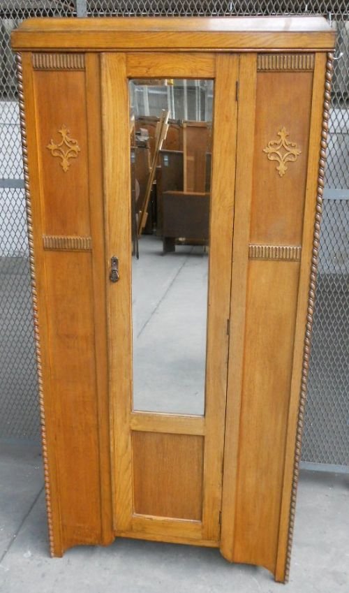 Light Oak Mirror Front Hanging Single Wardrobe