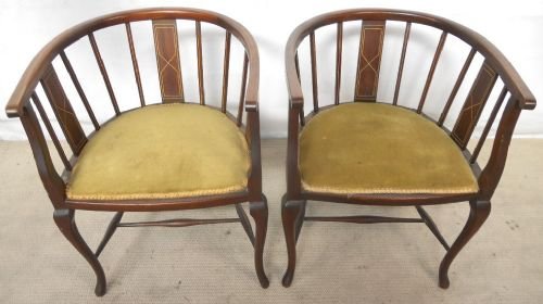 Pair Edwardian Inlaid Mahogany Salon Tub Armchairs