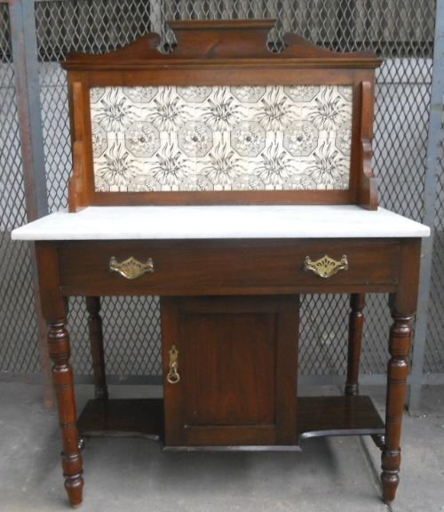 Edwardian Mahogany Marble Top Tile Back Washstand