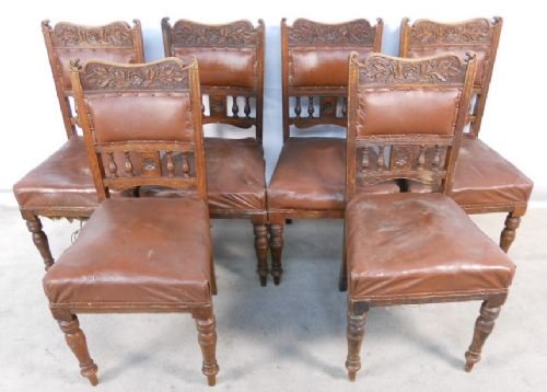 Set of Six Edwardian Carved Oak Dining Chairs for Re-upholstery