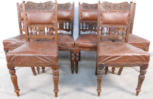 fig 1. Set of Six Edwardian Carved Oak Dining Chairs for Re-upholstery