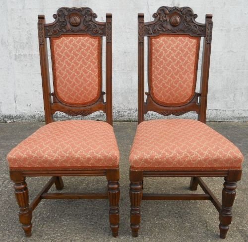 Pair Victorian Carved Oak Highback Dining Chairs