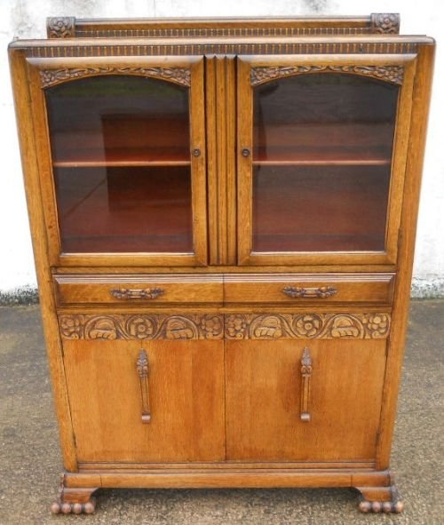 Carved Light Oak Bookcase Cabinet Cupboard