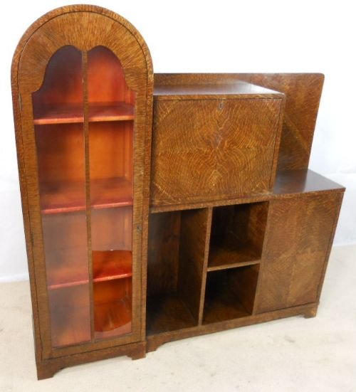 Deco Long Oak Cabinet Bureau Open Bookcase