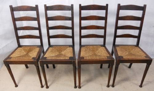 Set of Four Oak Ladderback Rush Seat Highback Dining Chairs