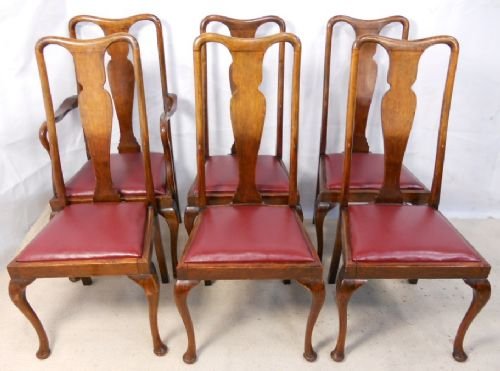 Set of Six Queen Anne Style Walnut Highback Dining Chairs