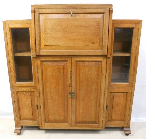 Deco Small Oak Bureau Bookcase Cabinet