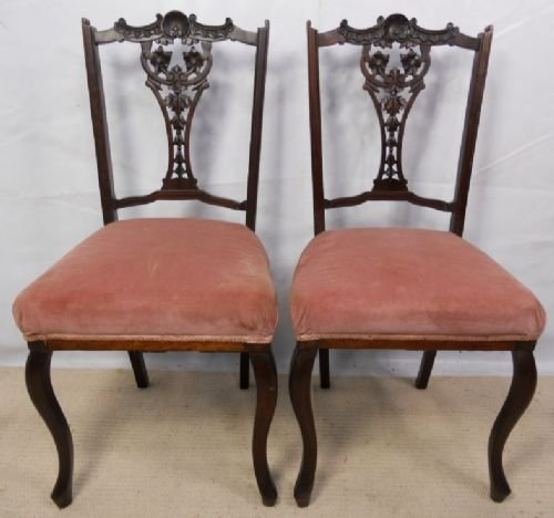 Pair Edwardian Carved Mahogany Dining Chairs