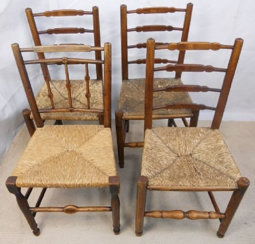 Four Antique Elm Country Rush Seat Chairs