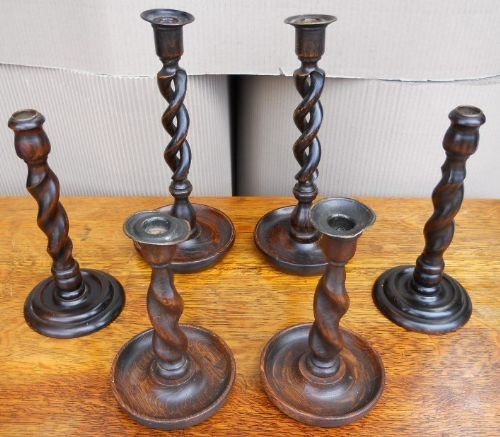 Three Pairs of Barley Twist Oak Candlesticks