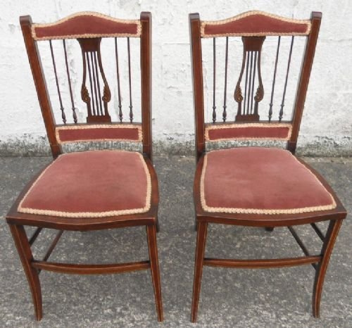 Pair Edwardian Inlaid Mahogany Salon Chairs