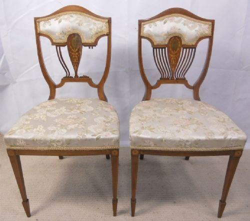 Pair Edwardian Inlaid Mahogany Salon Chairs