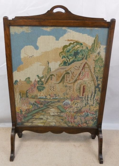 Oak Framed Needlepoint Glass Front Firescreen