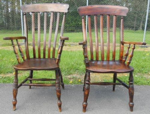 Two Victorian Windsor Elm & Beech Kitchen Armchairs