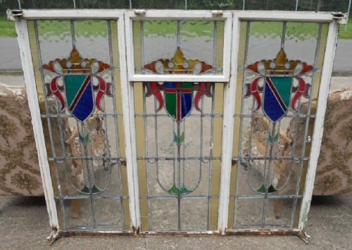 Large Stained Glass Leaded Window with Coloured Heraldic Shields