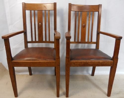 Pair Heavy Oak Carver Armchairs