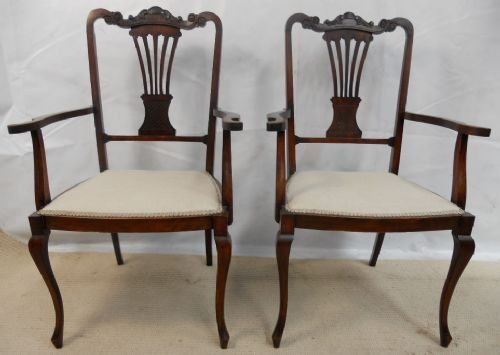Pair Edwardian Mahogany Salon Armchairs