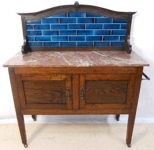 Edwardian Tile Back Marble Top Oak Washstand